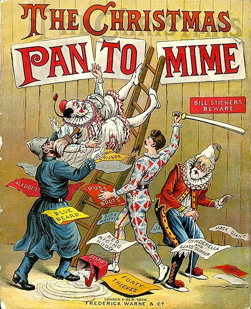 The cover of an 1890 book, The Christmas Pantomime, showing Harlequinade characters